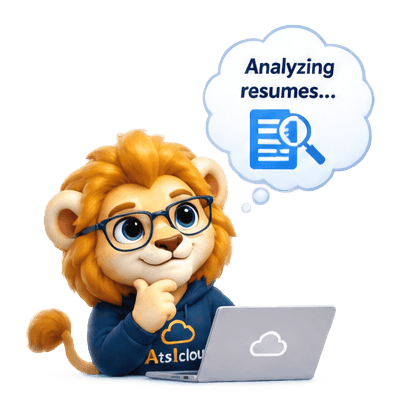 The AtsIcloud lion at a laptop: "Analyzing resumes…"