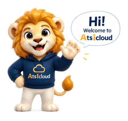 The AtsIcloud lion waving: "Hi! Welcome to AtsIcloud"