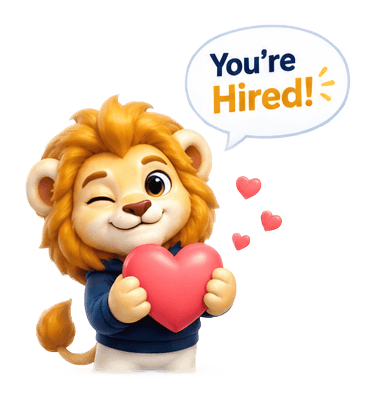 The AtsIcloud lion holding a heart: "You're hired!"