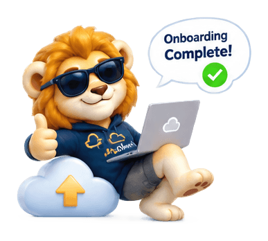 The AtsIcloud lion with a thumbs up: "Onboarding complete!"