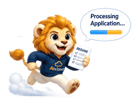 The AtsIcloud lion running with a résumé: "Processing application…"