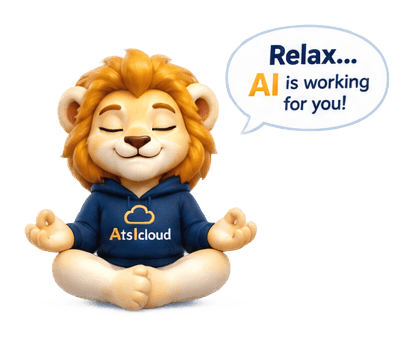 The AtsIcloud lion meditating: "Relax… AI is working for you!"